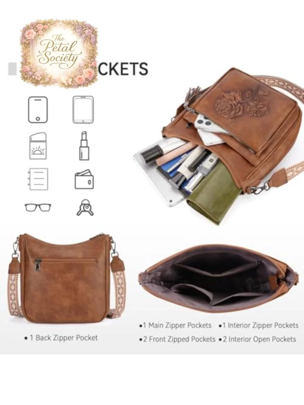 Vegan Leather Hobo Crossbody Bag Embossed Floral Shoulder Purse